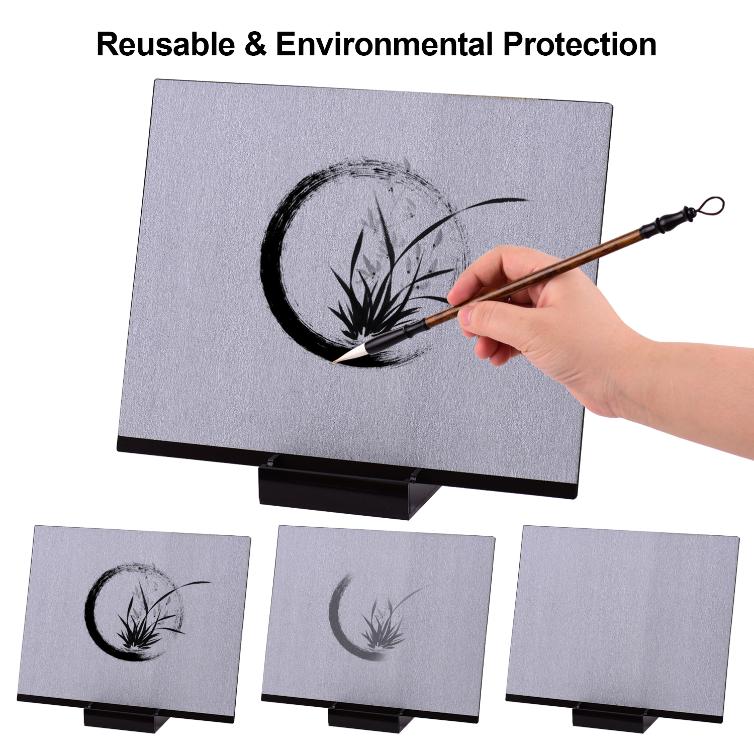 Reusable Buddha Board Artist Board Paint with Water Brush & Stand Release Pressure Relaxation Meditation Art, Size: 37.5 x 30cm Board, Black